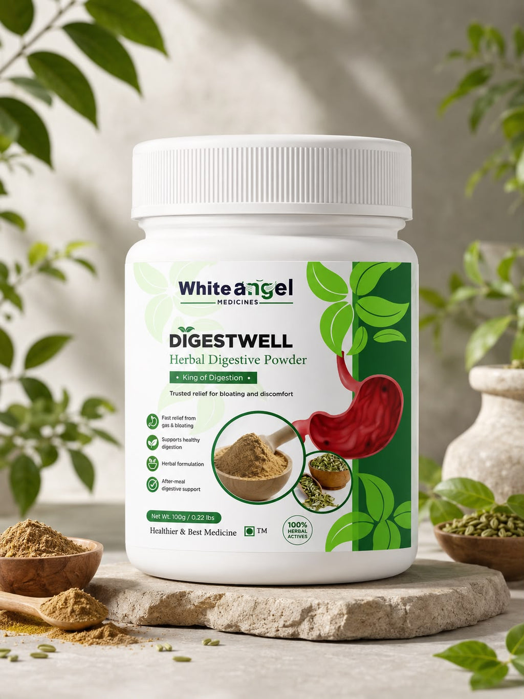 White Angel Digestwell Herbal Digestive Powder | Natural Ayurvedic Digestive Support for Gas, Bloating & Indigestion |