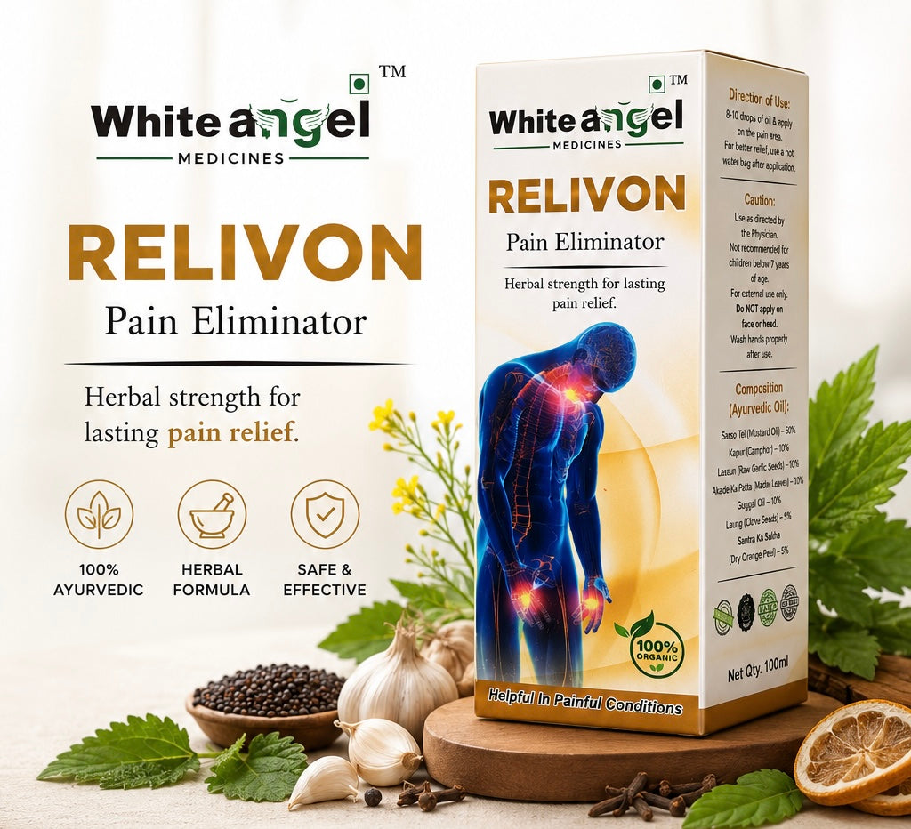 White Angel RELIVON Ayurvedic Pain Relief Oil 100ml | Herbal Pain Eliminator for Joint, Knee, Back & Muscle Pain