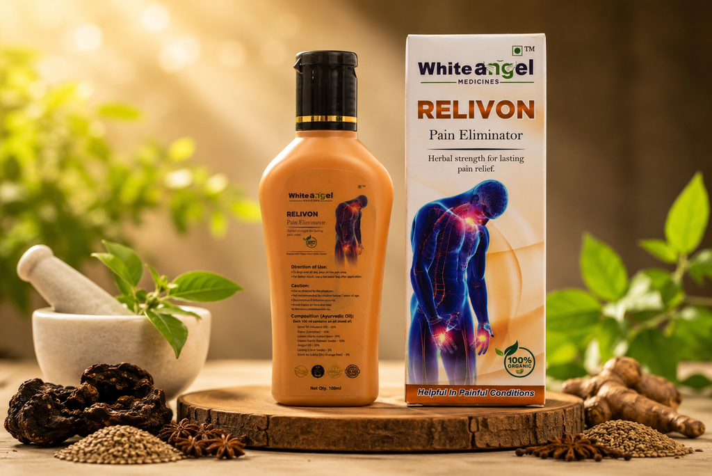 White Angel RELIVON Ayurvedic Pain Relief Oil 100ml | Herbal Pain Eliminator for Joint, Knee, Back & Muscle Pain