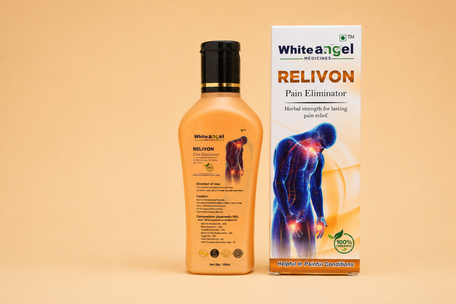 White Angel RELIVON Ayurvedic Pain Relief Oil 100ml | Herbal Pain Eliminator for Joint, Knee, Back & Muscle Pain