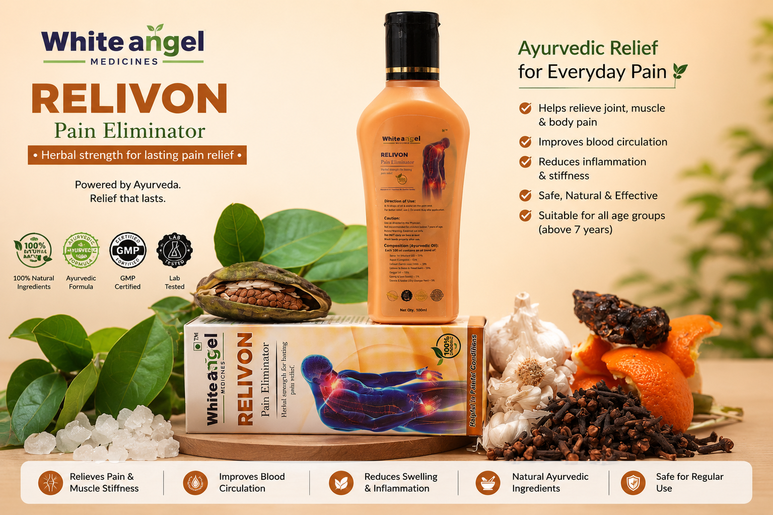 White Angel RELIVON Ayurvedic Pain Relief Oil 100ml | Herbal Pain Eliminator for Joint, Knee, Back & Muscle Pain